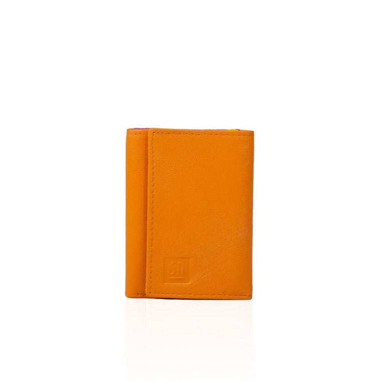 pomarańczowy portfel skórzany z różowyymi, niebieskim i żółtą wstawka