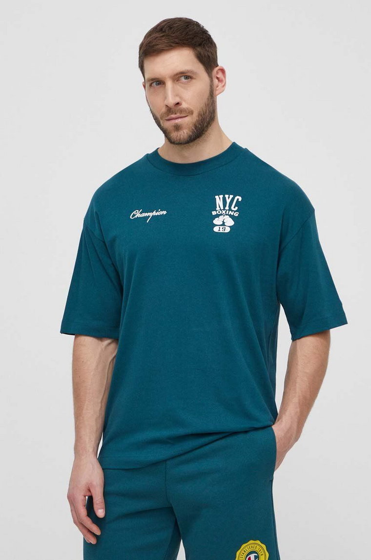 Champion t-shirt bawełniany męski kolor zielony z nadrukiem 219855