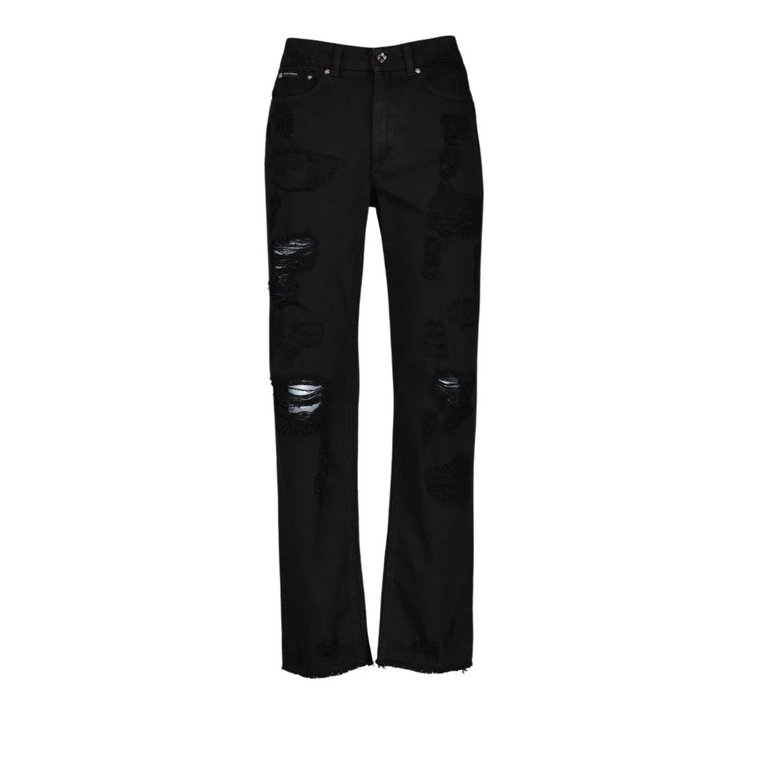 Czarne Straight Jeans z efektem podartej tkaniny Dolce & Gabbana