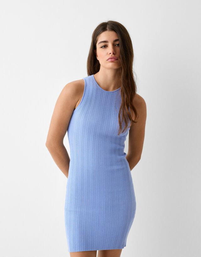 Bershka Sukienka Mini Z Prążkowanej Tkaniny, Bez Rękawów Kobieta M Niebieski