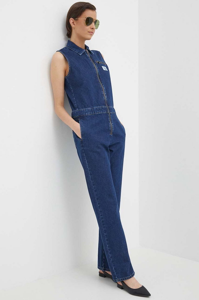 Calvin Klein Jeans kombinezon jeansowy kolor niebieski bawełniany z kołnierzykiemm J20J222840