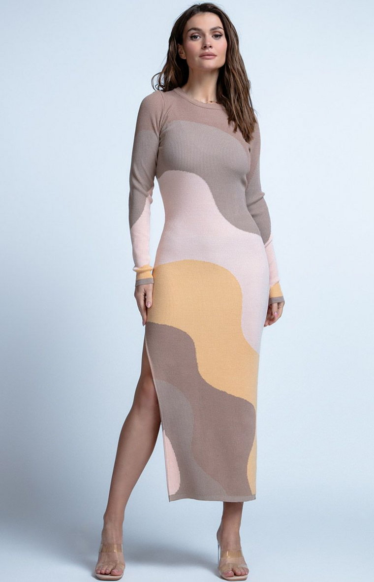 Długa kolorowa sukienka z rozporkiem F1849 BEIGE, Kolor beżowy-wzór, Rozmiar XS/S, Fobya