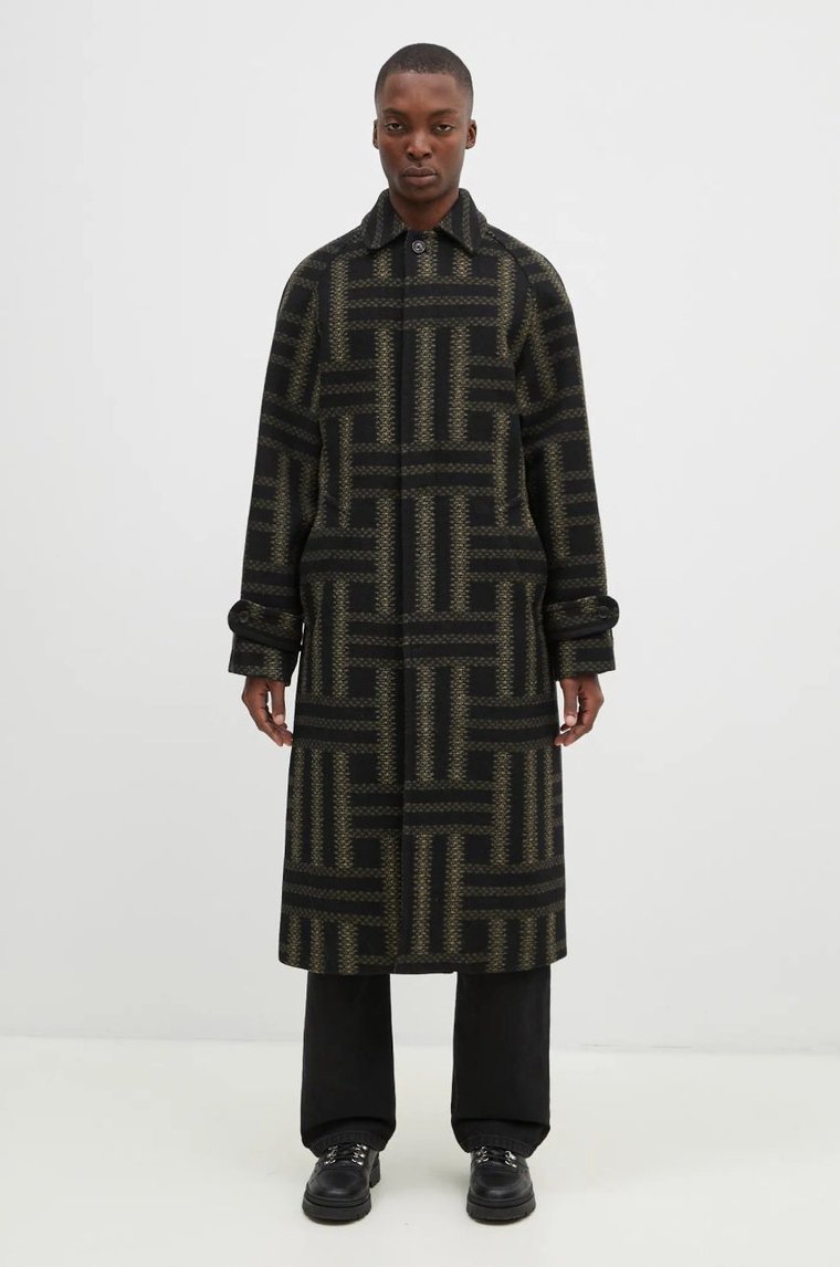 Kenzo płaszcz wełniany Weave Overcoat kolor czarny przejściowy oversize FE65MA0329JB.99