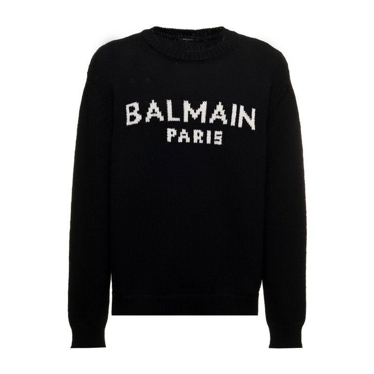 Czarny Sweter z Kontrastowym Logo z Wełny Merino Balmain