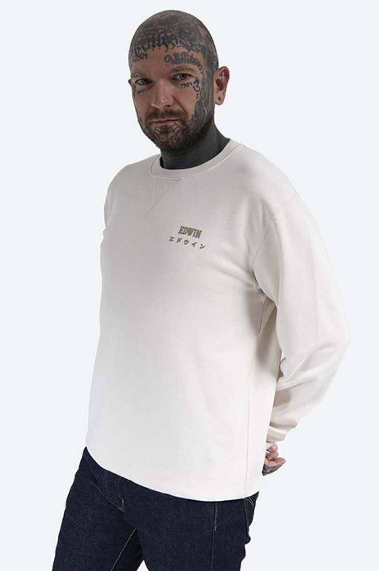 Edwin bluza bawełniana Base Crew męska kolor biały z nadrukiem I025854.WHW67-Cream