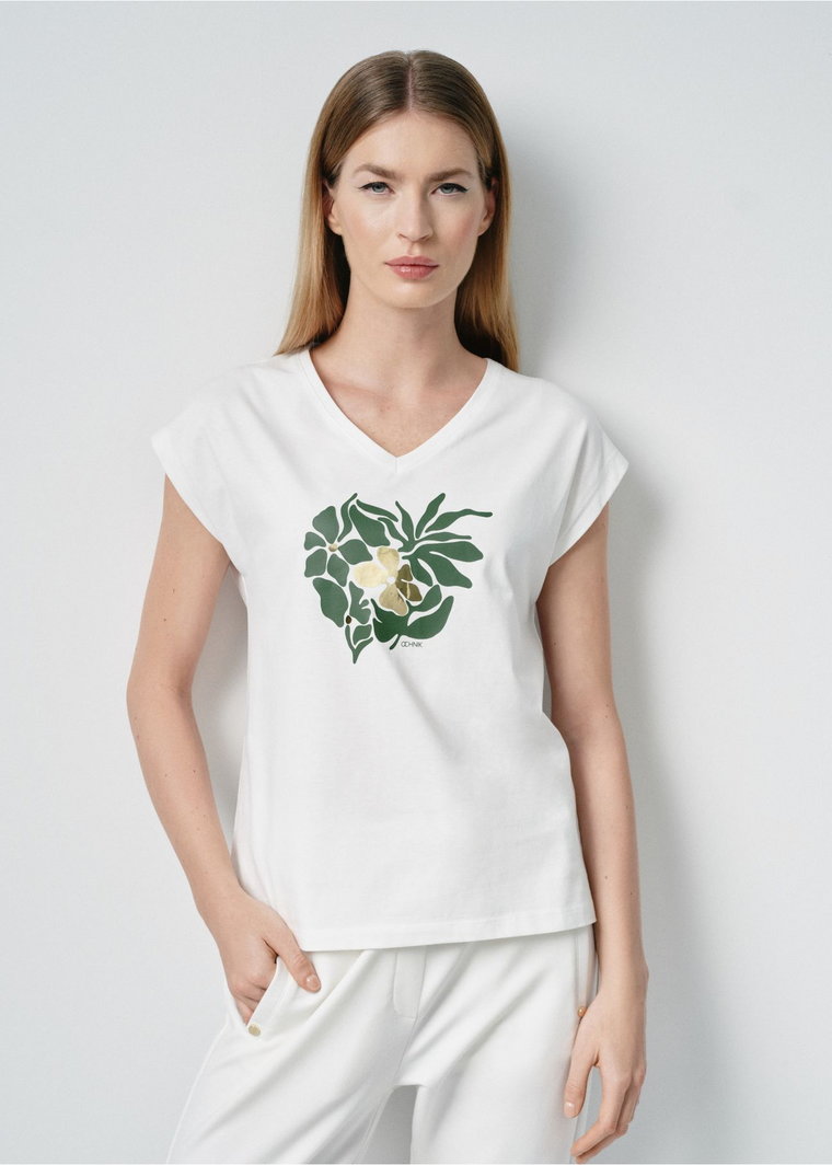 T-shirt damski kremowy z kwiatowym printem
