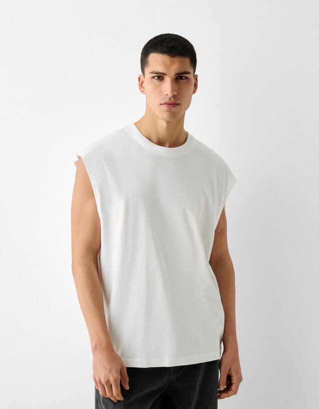 Bershka Koszulka Oversize Bez Rękawów Mężczyzna Xs Biały Złamany