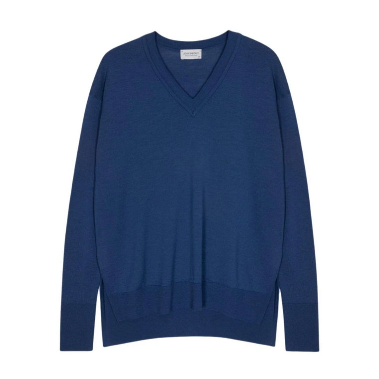 Niebieski Sweter z Wełny Merino z Dekoltem w Szpic John Smedley
