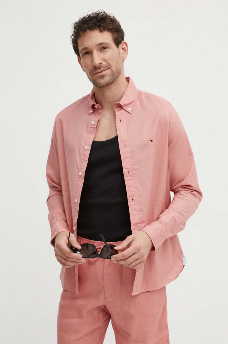 Tommy Hilfiger koszula bawełniana męska kolor różowy regular z kołnierzykiem button-down