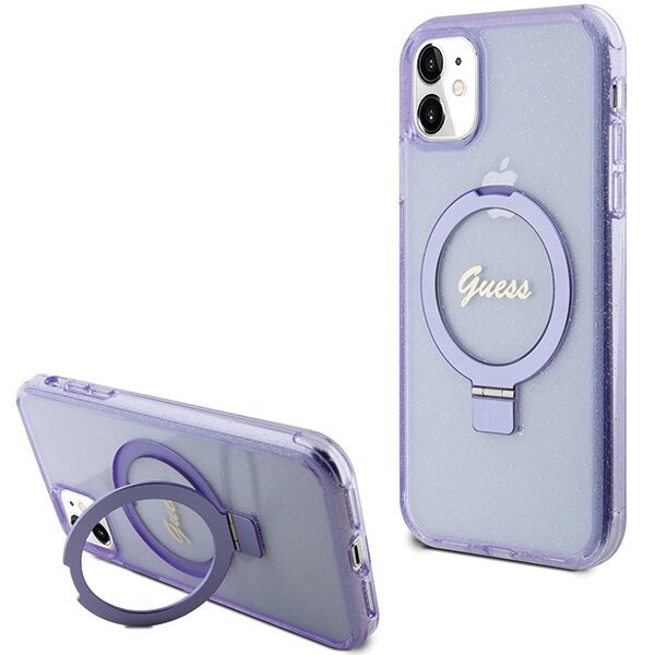 Guess GUHMN61HRSGSU iPhone 11 / Xr 6.1" fioletowy/purple hardcase Ring Stand Script Glitter MagSafe
