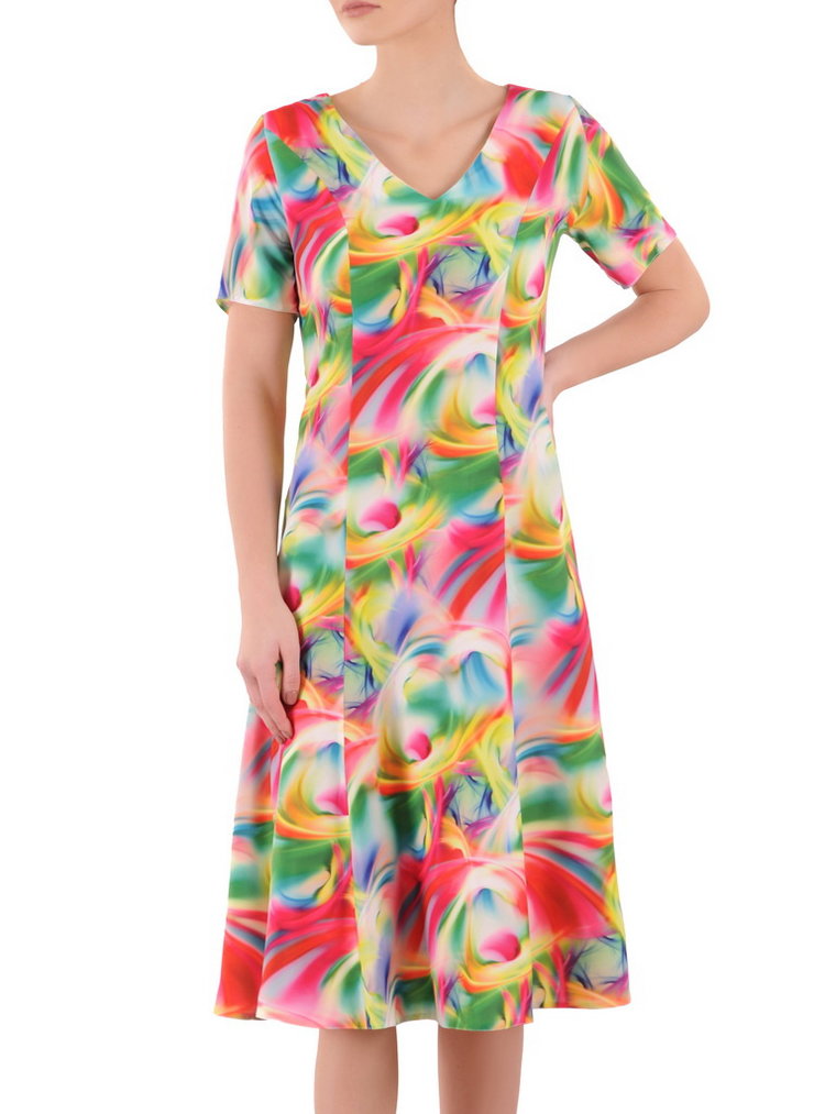 Sukienka z tkaniny, rozkloszowana kreacja w kolorowe wzorki 36032