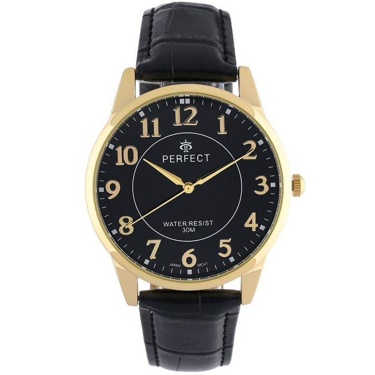 Zegarek męski kwarcowy czarno-złoty klasyczny skórzany pasek C426