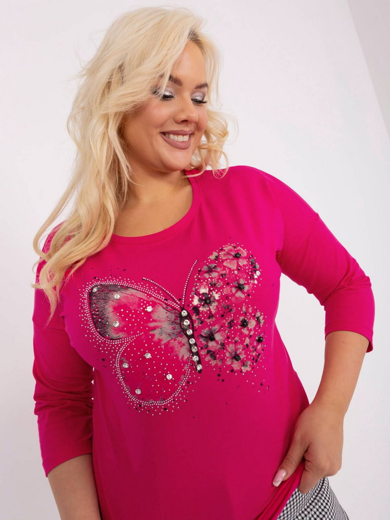 Bluzka plus size fuksjowy casual codzienna dekolt okrągły rękaw 3/4 cyrkonie dżety