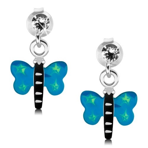 Kolczyki ze srebra 925, motyl z niebieskimi skrzydłami i zielonymi gwiazdeczkami