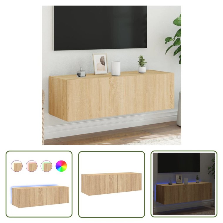 The Living Store Ścienna szafka TV z LED - dąb sonoma - 100x35x31 cm - Szafka Rtv