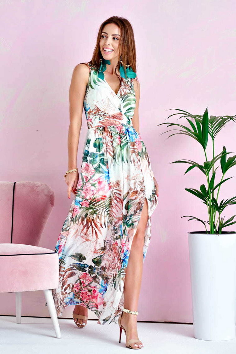 Zwiewna szyfonowa sukienka biała w różowe i turkusowe kwiaty elegancka długa maxi polska produkcja Choix
