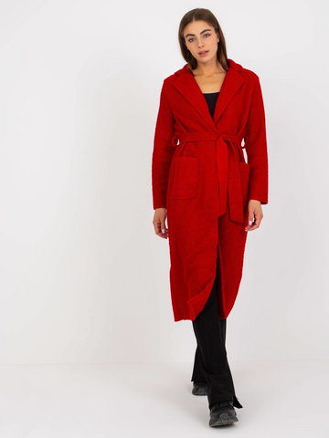 Elegancki płaszcz z wiązaniem ciemny czerwony