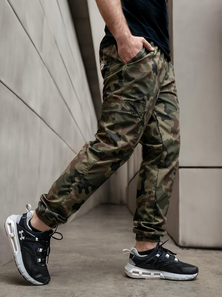 Spodnie Materiałowe Jogger Bojówki Ze Ściągaczem Zielone Camo Jigga Wear Crown Ripstop Cargo Woodland