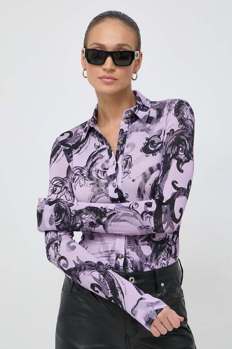 Versace Jeans Couture koszula damska kolor fioletowy slim z kołnierzykiem klasycznym 76HAL213 JS291