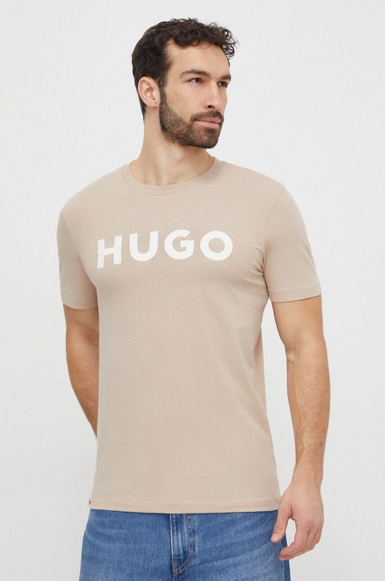 HUGO t-shirt bawełniany męski kolor beżowy z nadrukiem 50467556