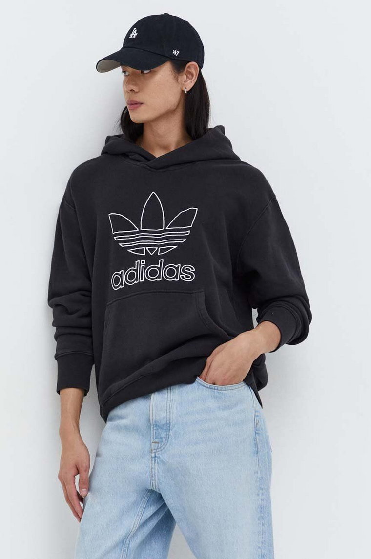 adidas Originals bluza bawełniana Trefoil Hoodie męska kolor czarny z kapturem z aplikacją IU2373