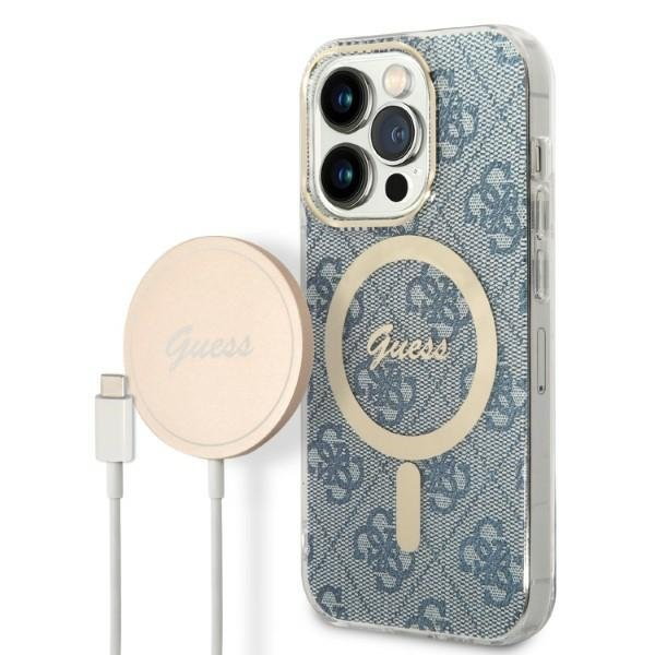 Zestaw Guess GUBPP14XH4EACSB Case+ Charger iPhone 14 Pro Max 6,7" niebieski/blue hard case 4G Print MagSafe