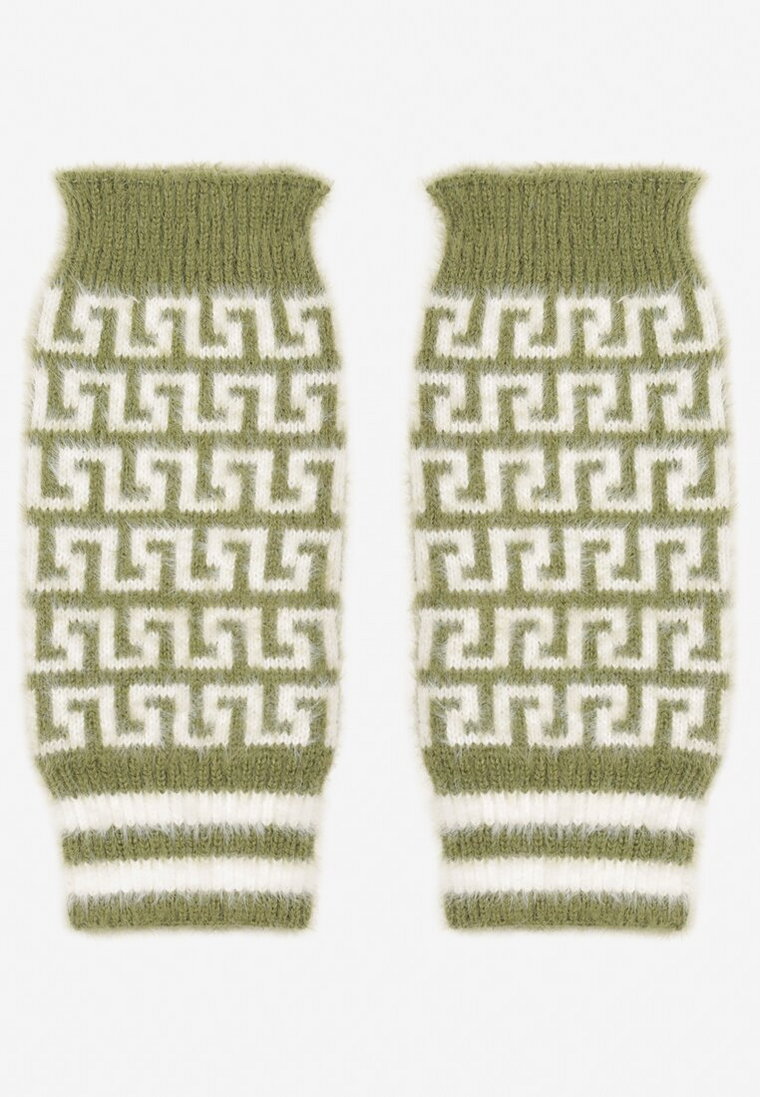 Zielone Rękawiczki z Wełną z Odkrytymi Palcami i Mozaikowym Wzorem Sosline