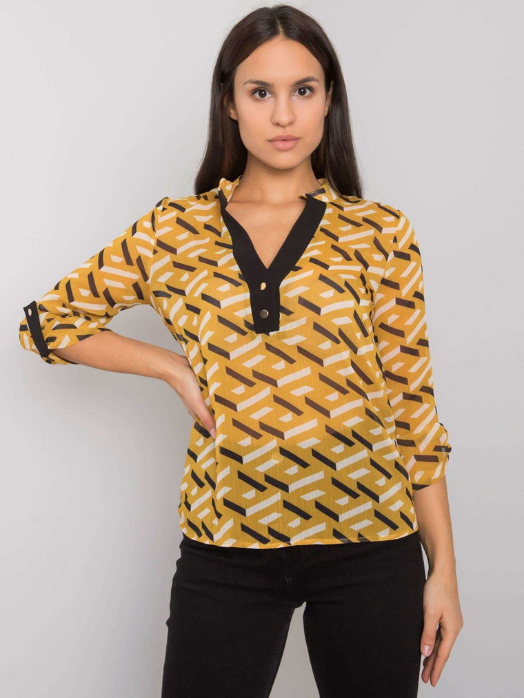 Bluzka koszulowa czarno-żółty casual klasyczna dekolt w kształcie V rękaw 3/4