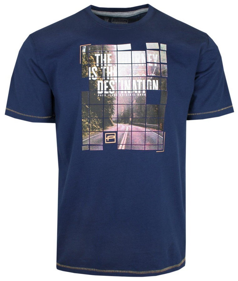 T-shirt Bawełniany Granatowy z Krótkim Rękawem, Męski z Nadrukiem, U-neck -PAKO JEANS