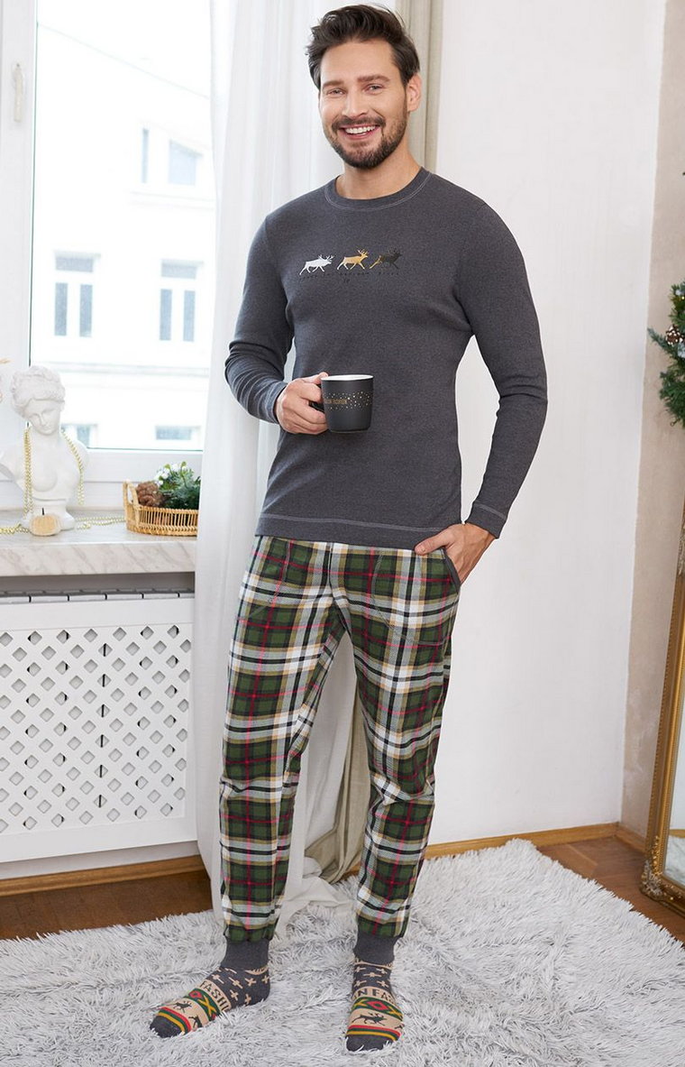Bawełniana piżama męska w kratę grafitowa Seward, Kolor grafitowy-wzór, Rozmiar S, Italian Fashion