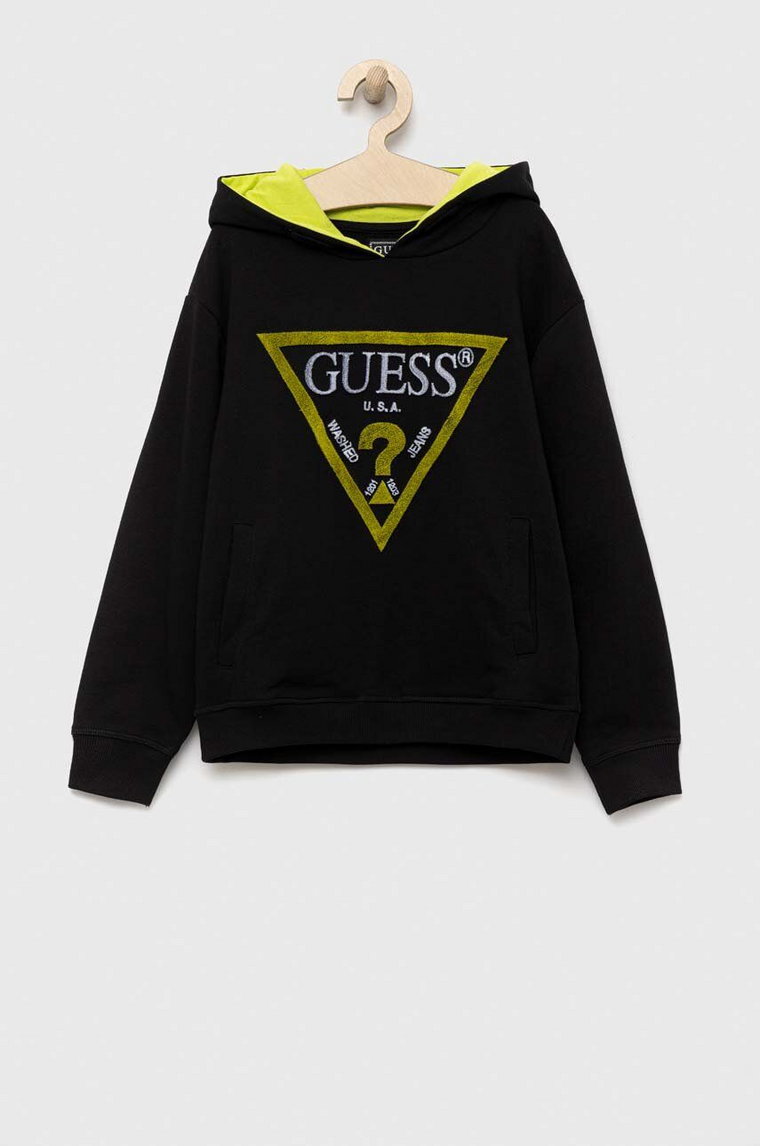 Guess bluza bawełniana dziecięca kolor czarny z kapturem z aplikacją