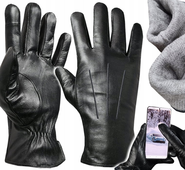Rękawiczki Skórzane męskie Naturalna Skóra Ocieplane Wełną, Dotykowe XL