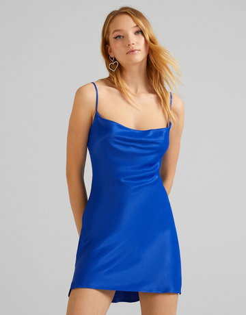 Bershka Bieliźniana Sukienka Mini Z Satyny Kobieta Xs Niebieski