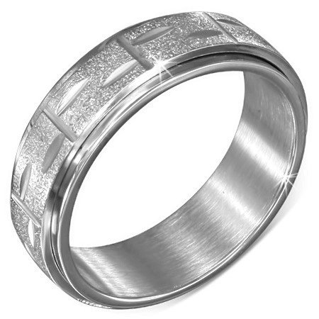 Srebrny pierścionek ze stali - obracający się środkowy pas z rysami - Rozmiar : 54