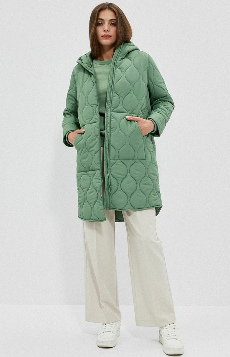 Pikowany płaszcz z kapturem i kieszeniami w kolorze oliwkowym 4001, Kolor oliwkowy, Rozmiar XS, Moodo