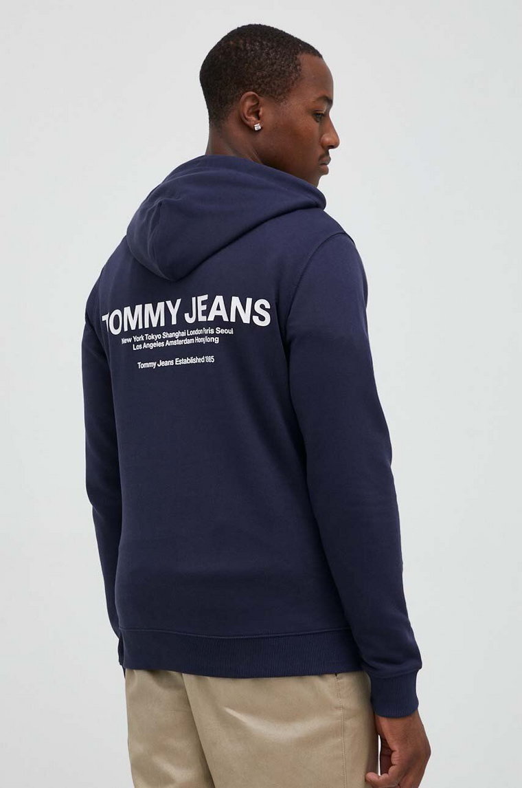 Tommy Jeans bluza bawełniana męska kolor granatowy z kapturem z nadrukiem