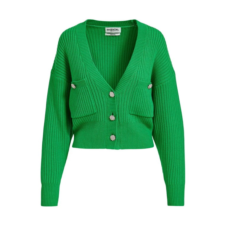 Zielony sweter z dekoltem w serek i guzikami z kryształkami Essentiel Antwerp