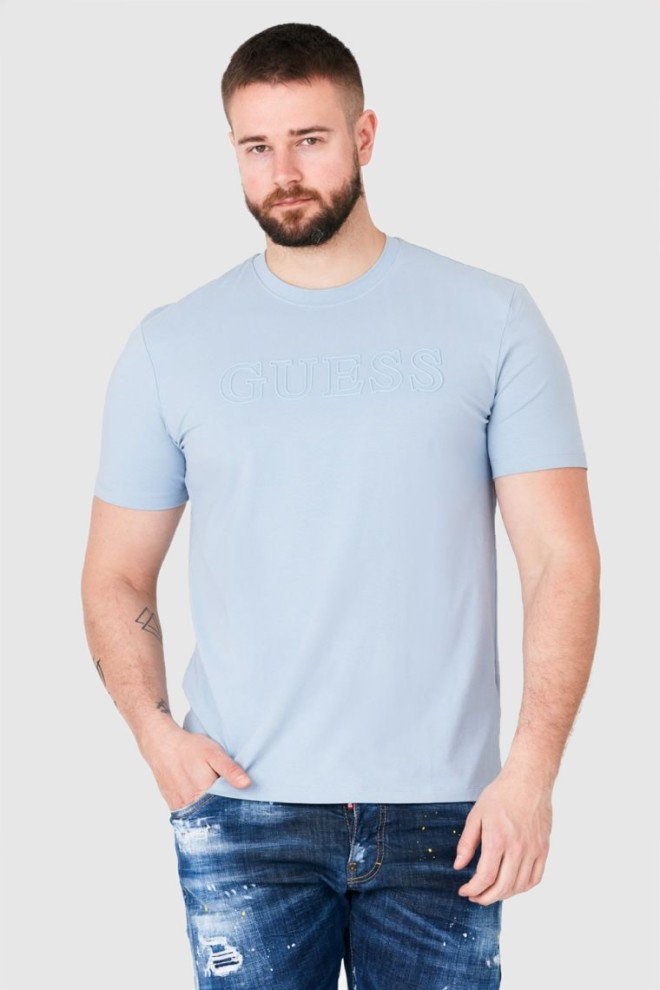 GUESS Błękitny t-shirt męski z wytłaczanym logo