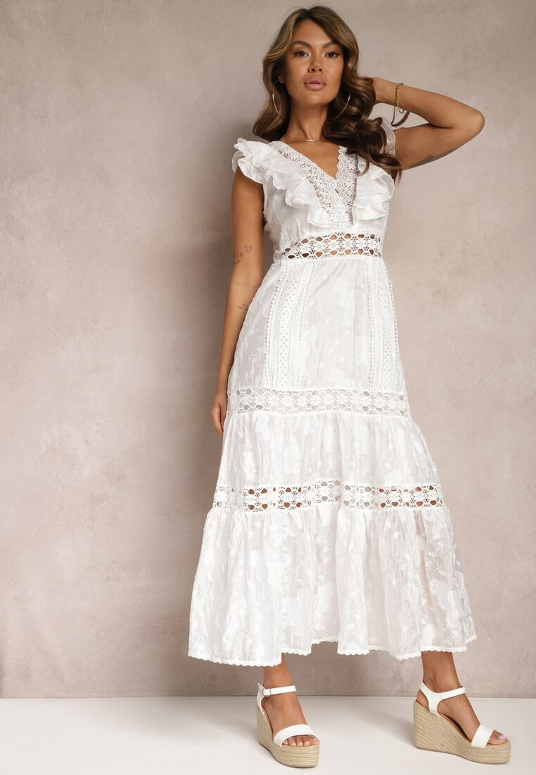 Biała Koronkowa Sukienka z Ażurowymi Wstawkami i Falbanką Rehlia