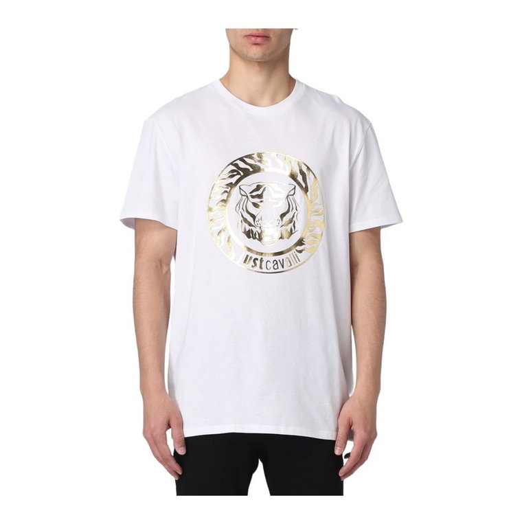 Biała koszulka z złotym logo Roberto Cavalli