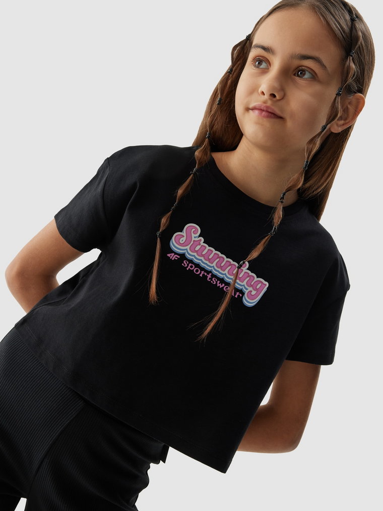 T-shirt crop top z bawełny organicznej dziewczęcy - czarny