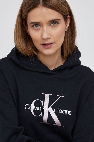 Calvin Klein Jeans Bluza bawełniana damska kolor czarny z kapturem z nadrukiem