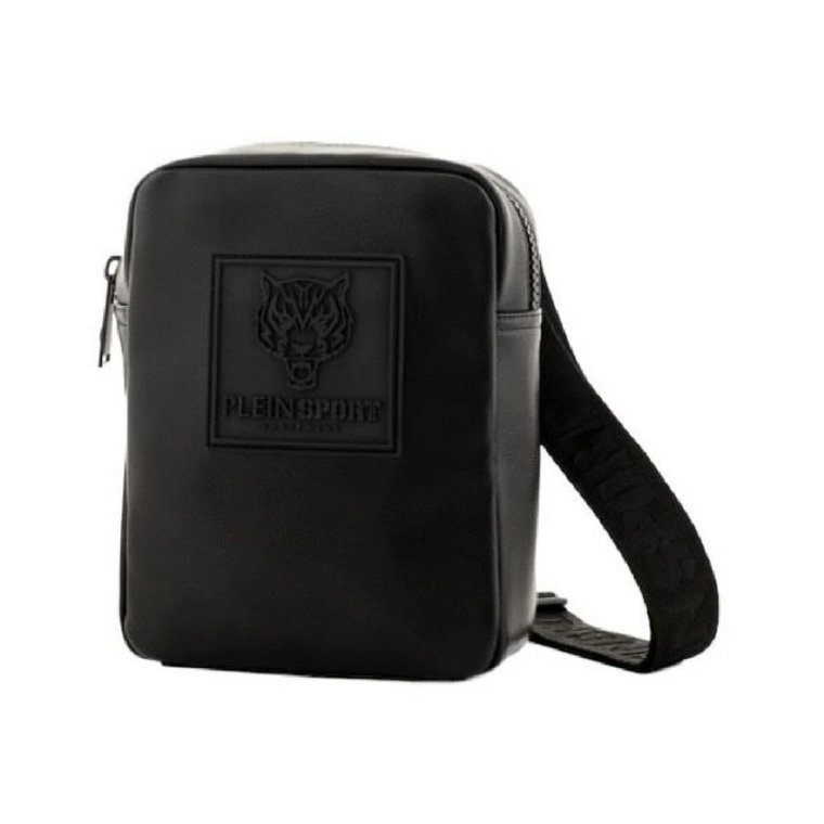 Czarna torba messenger z eko skóry z naszywką z logo i metalową płytą Plein Sport