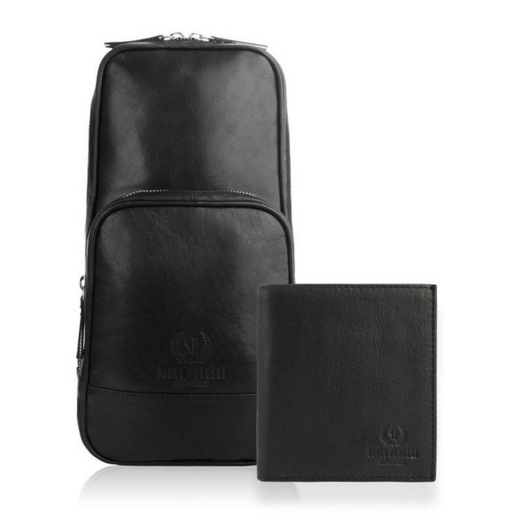 Zestaw dla mężczyzn skórzany plecak i czarny portfel