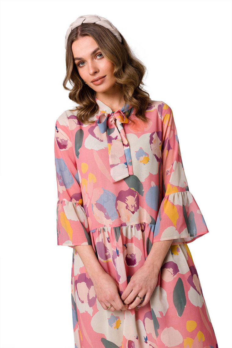 Sukienka rozkloszowana szyfonowa z dekoltem V pastelowa