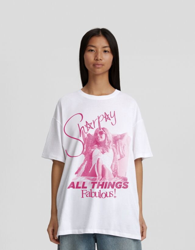 Bershka Koszulka Oversize Z Nadrukiem I Krótkim Rękawem Sharpay Z High School Musical Kobieta Xs Biały