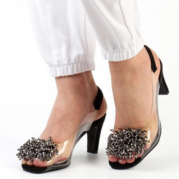 Czarne silikonowe sandały damskie na szpilce z pomponem, transparentne