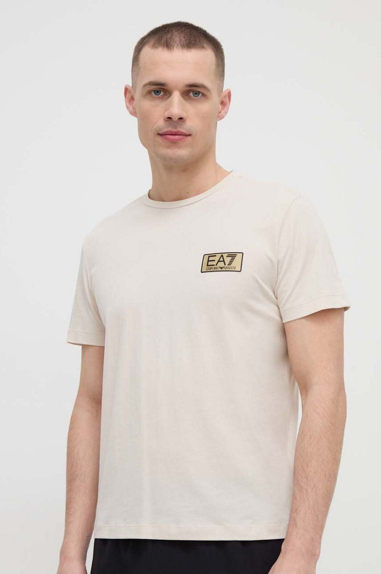 EA7 Emporio Armani t-shirt bawełniany męski kolor beżowy z aplikacją