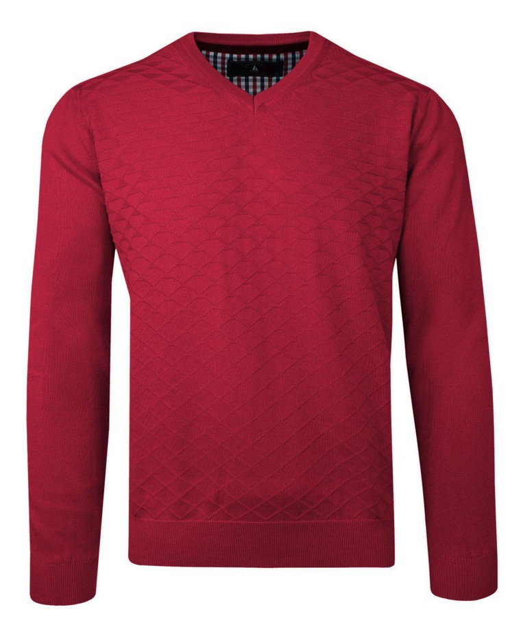 Sweter Czerwony w Serek, Bawełniany, Tłoczony Wzór, V-neck, Męski -BARTEX