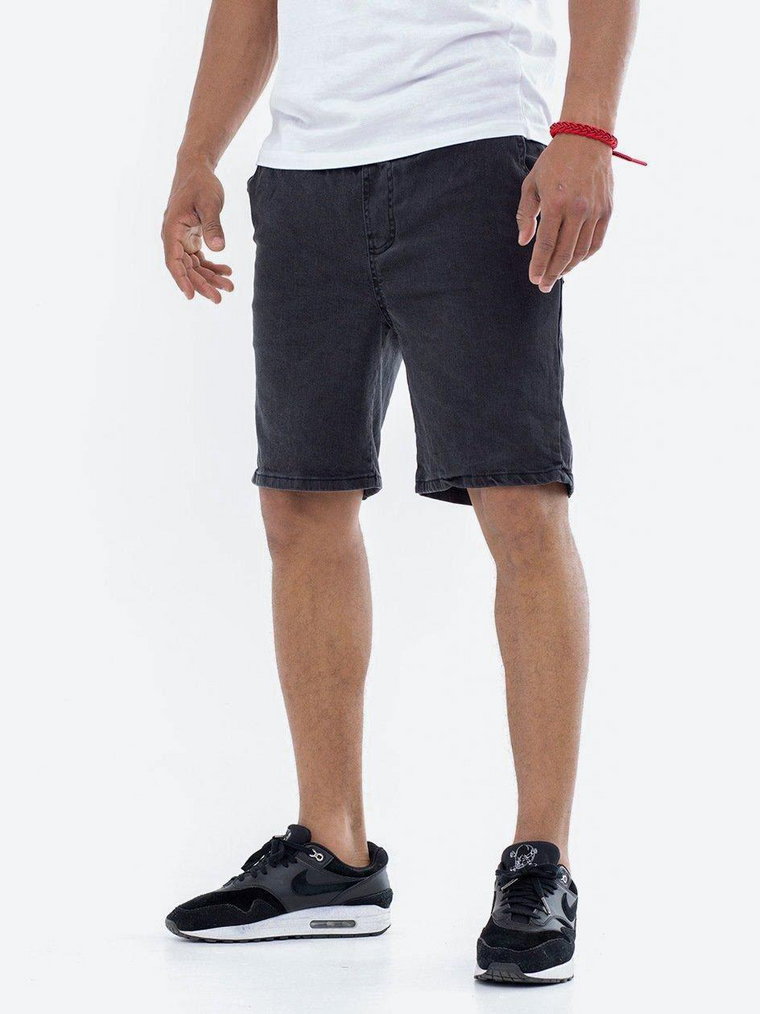 Krótkie Spodenki Jeansowe Ze Ściągaczem Męskie Sprane Czarne / Białe Jigga Wear Crown Pocket